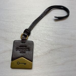 FOSSIL Bag Charm Brass KEY Brown LEATHER Strap KeyFob Keychain Hang Tag